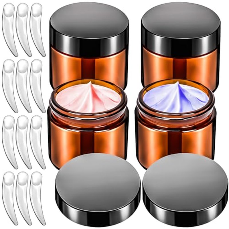 MotBach 4 Pack 2oz Glass Jars with Lids 60ml Mini Round Clear Glass Jars with Inner Liners and Spatulas, Travel Size Containers Jars for Toiletries Creams Makeup Cosmetic Sample Lotion (amber Lid)