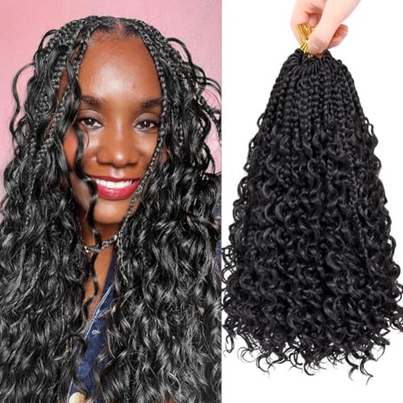 Boho Box Braids 10 Inch Crochet Hair Bohemian Crochet Box Braids with Curly Ends Goddess Box Braids Synthetic Crochet Hair for Black Women (#1B Pack of 3)