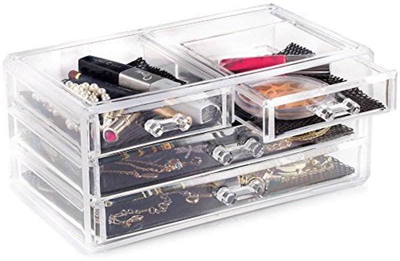 Masisrs Clear Makeup Organizer - Cosmetic Storage Organizer - 16 Compartments - Easily Sort Make Up & Jewelry - 4 Drawer Vanity Organizer - Elegant Look - Transparent Design - Makeup Holder