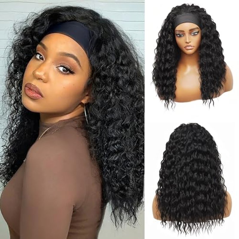 cuiud Headband Wig for Black Women 20Inch Black Curly Wavy Headband Wigs Water Wave Hair Wig Synthetic Black Wigs None Lace Front Wig (Natural Black 1B)