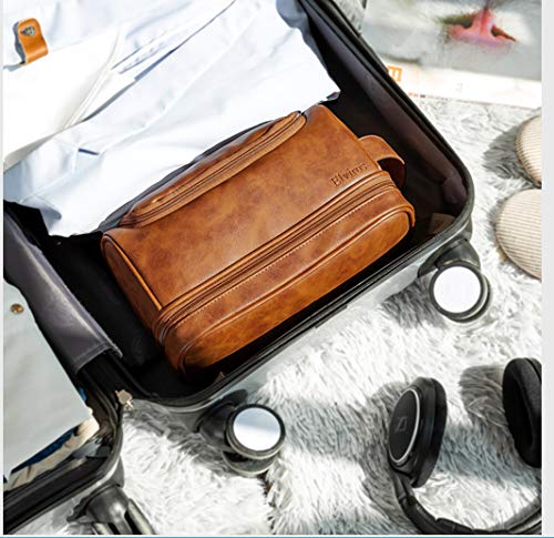 Elviros Toiletry Bag, Mens Leather Travel Organizer Kit with hanging hook, Large Water-resistant Toiletries Bathroom Shaving Bags for Women (Brown)
