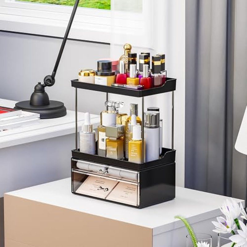 Yieach 2 Pack Clear Makeup Organizer With Drawers - Stackable Design,14.5" Tall Large Capacity - Suitable as Bathroom Counter Organizer,Vanity Beauty Organizer,Dresser Top Organizer for Bedroom