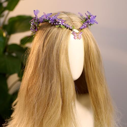 MOSTORY Purple Fairy Butterfly Crown - Handmade Flower Headpiece Floral Elf Tiara Woodland Circlet for Women Girls Spring Wedding Renaissance Party Cosplay