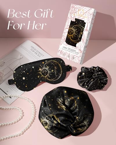 Miss Adola Silk Bonnet for Women - Mulberry Silk Sleep Cap for Hair Care with Eye Mask & Scrunchie 19 Momme Night Cap Sleeping Set with Elastic Stay On Head, Black Sun Moon