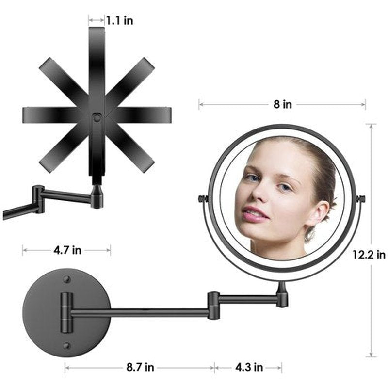 Rocollos Rechargeable Wall Mounted Lighted Makeup Mirror, 8 Inch Double-Sided LED Vanity Mirror 1X/10X Magnification,3 Color Lights Touch Screen Dimmable 360°Swivel (Black, 10X)