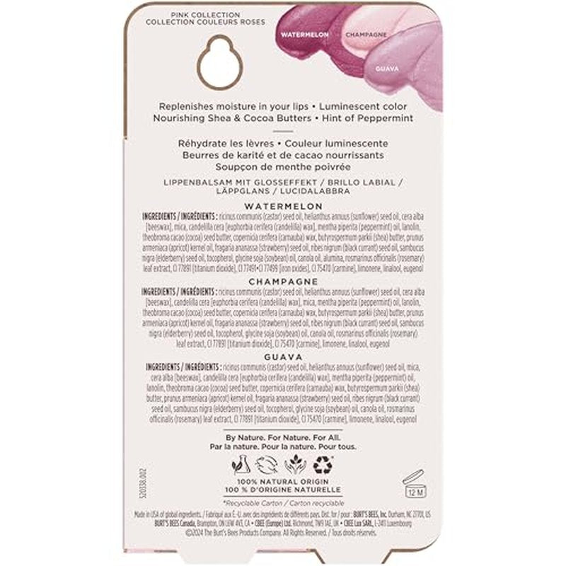 Burt's Bees Lip Shimmer Pink Collection; Luminescent Color; High Impact, Instant Moisture; with Shea and Cocoa Butters; 100% Natural Origin; 3 Shades; Value Pack, 3 Tubes x 0.09 Oz. (Pack May Vary)
