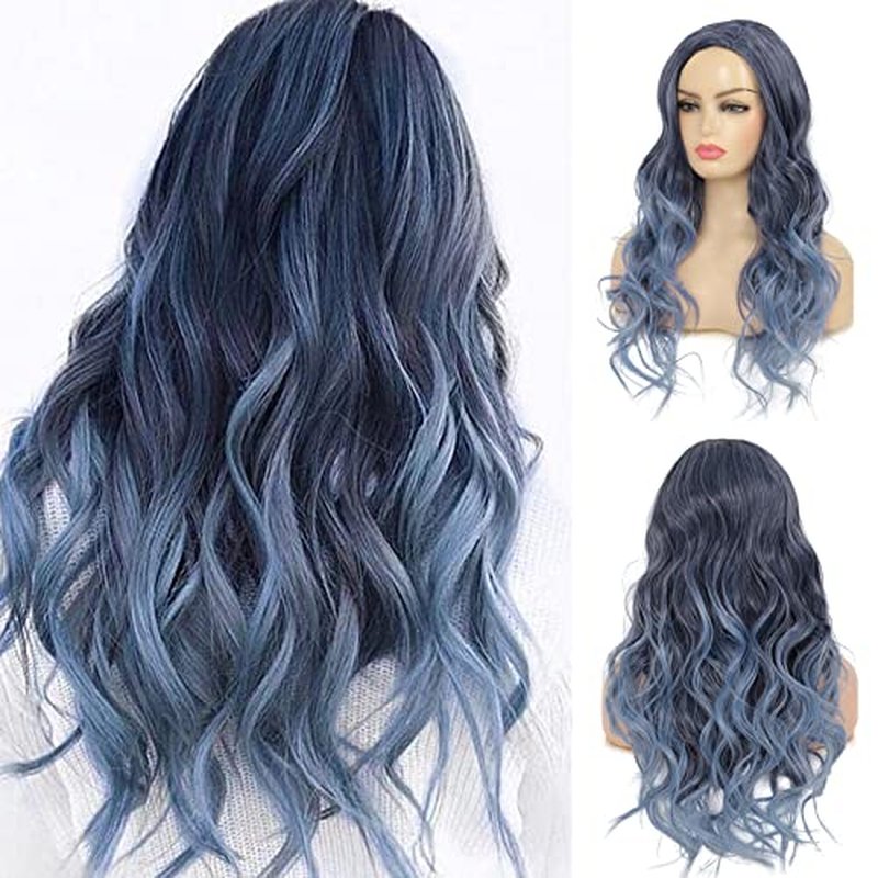 Wiwige Long Curly Wavy Ombre Blue Wigs for Women Synthetic Natural Middle Part Daily Party Halloween Cosplay Wig 22"