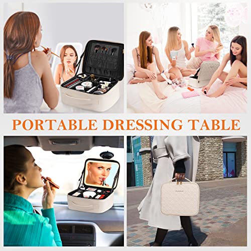 PEEH Makeup Bag with Lighted Mirror, Travel Make up Train Case with Adjustable Brightness Vanity Mirror and Detachable 10x Magnifying Mirror (Beige Clover)