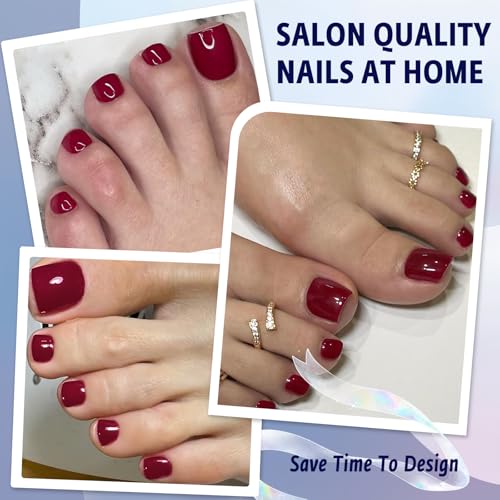 Press on Toenails Short Square Burgundy Fake Toenail Glue ons Glossy Acrylic False Toe Press on Nails Artificial Toe Nail Tips for Women Girls,180Pcs