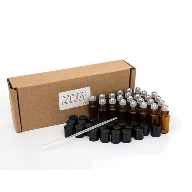 ZEJIA 3ml Roller Bottles 24Pack Amber Thick Glass Essential Oil Roller Bottles Stainless Steel Roller Ball with 2 Droppers
