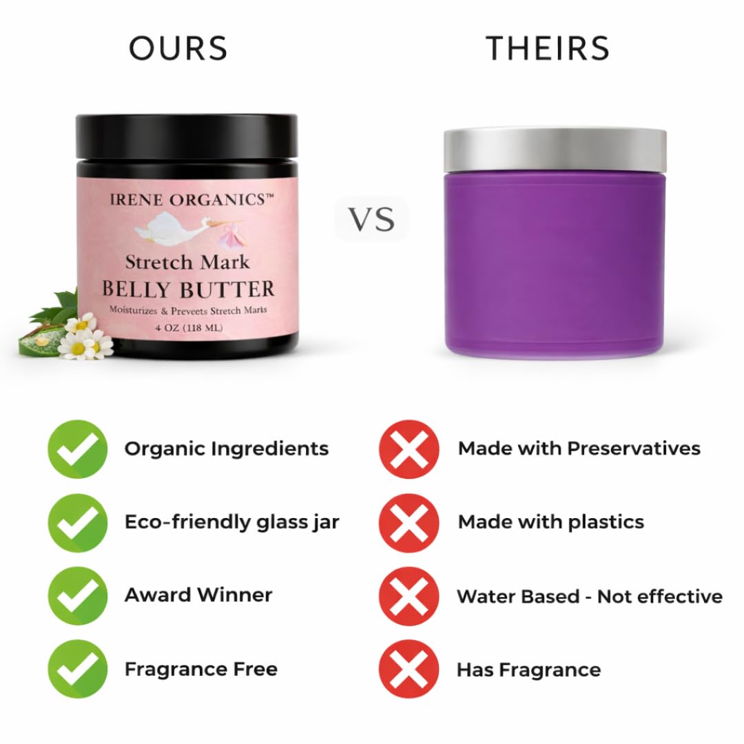 Irene Organics Organic Belly Butter for Pregnancy Stretch Mark Prevention and Treatment Award Winning Anti Stretch Mark Tummy Balm For Pregnancy and Postpartum 8oz - Hydrating Bump Cream