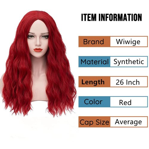 Wiwige Red Wig Long Curly Wavy Middle Part Wigs for Women Synthetic Natural Looking Party Halloween Cosplay Wig 25"