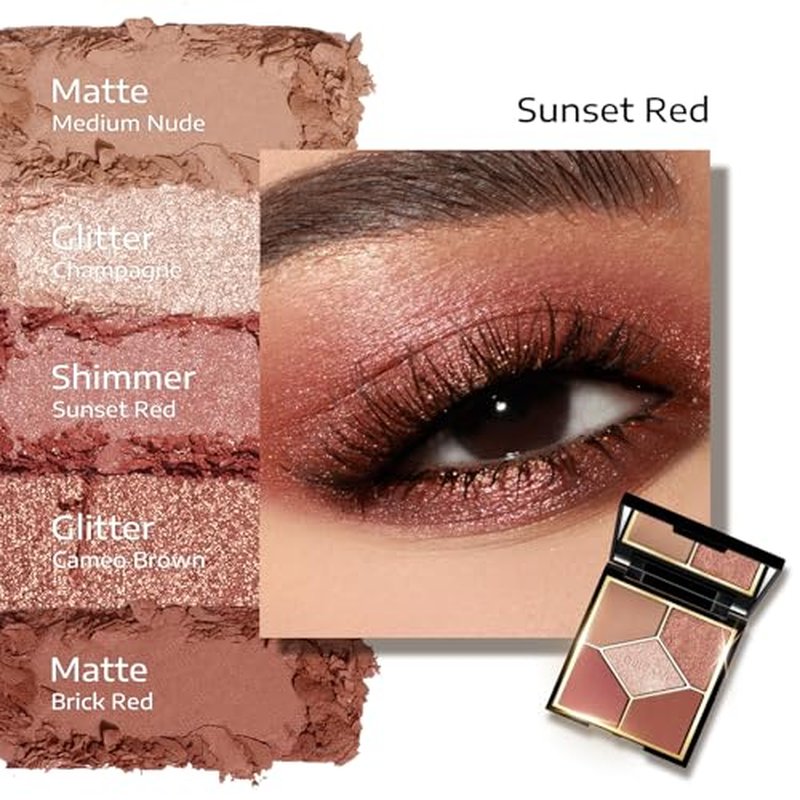 KYDA 5 Colors Eyeshadow Palette, Ultra-rich Matte Brick Red Shades, Shimmer Cameo Brown Eyeshadow, Glitter Champagne Gold Eyeshadow, Blendable High Pigment Warm Medium Nude Eyes Makeup, Sunset Red