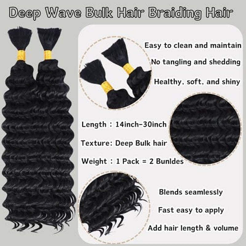 Deep Wave Bulk Hair For Braiding Hair 18inch 150g No Weft Wet And Wavy Quality Synthetic Hair Braiding Extensions For Boho Braids（2 Bundles/Pack 613#）