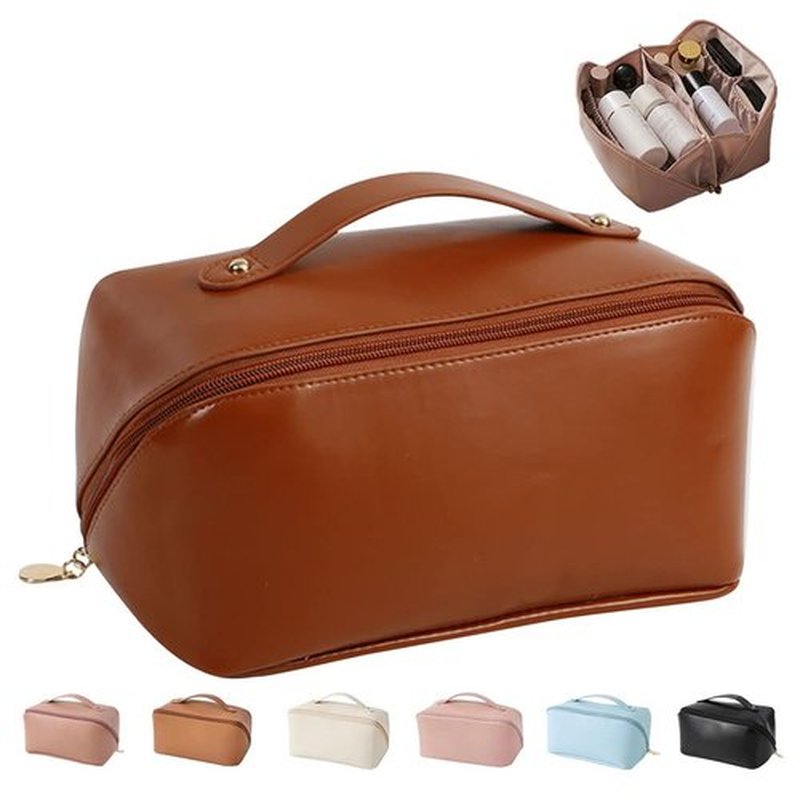 MINGRI Large Capacity Travel Cosmetic Bag for Women,Portable PU Leather Makeup Bag Water Resistant,Flat Open Multifunctional Storage Travel Toiletry Bag with Divider and Handle (Mocha Brown)
