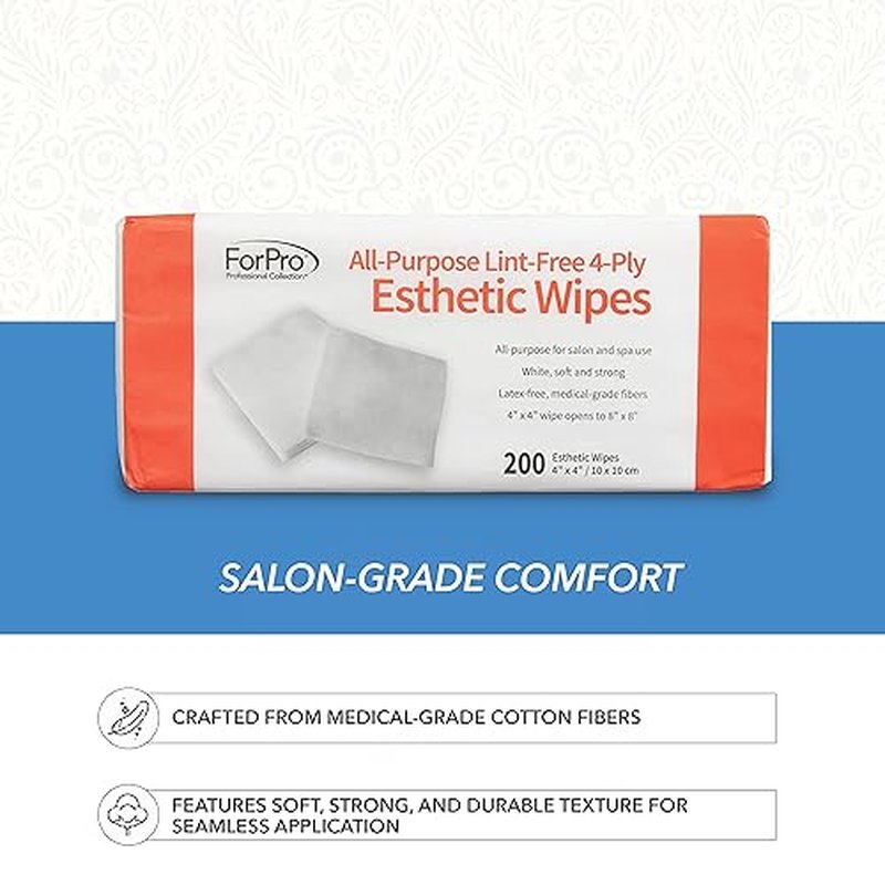 ForPro Professional Collection All-Purpose Lint-Free 4-Ply Esthetic Wipes, Non-Woven, For Salon and Spa Use, Soft, Strong and Durable, Latex-Free, 4" x 4", 200-Count