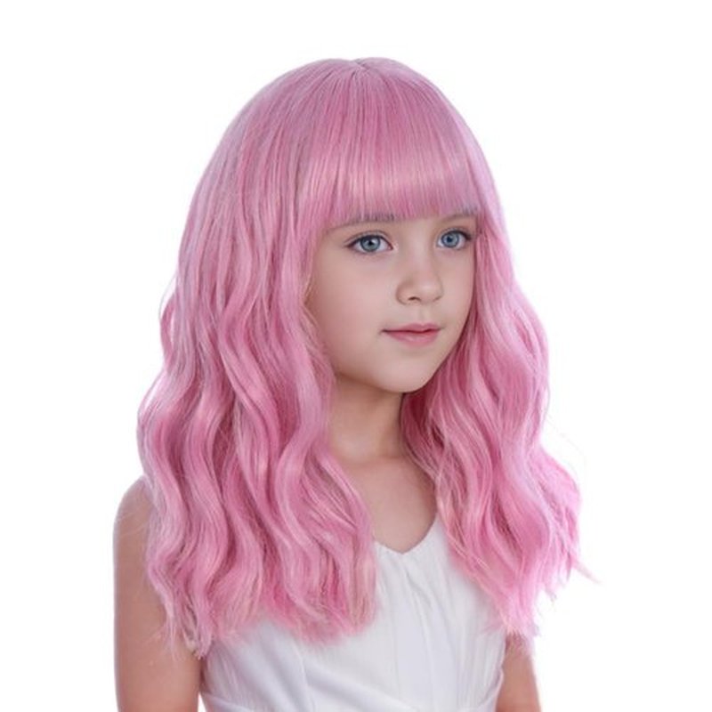 DUDUWIG Girls Light Pink Wig with Air Bangs Kids Short Pink Wavy Curly Wigs Child Pink Wig with Bangs Synthetic Cosplay Hair Wig