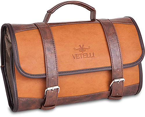 Vetelli Leather Toiletry Bag for Men - Water Resistant, 2 Zippered Internal Pockets, 2 Snap-Fastened Internal Pockets, and Hanging Hook. (Black)