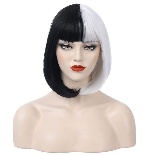 PATTNIUM Black White Bob Wig Short Straight Wig with Bangs Two Color Bob Wig for Women and Girls Synthetic Wig (Black White)