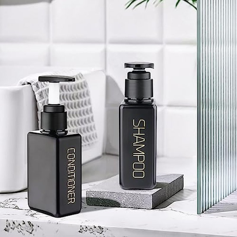 Travel Bottles Travel Accessories Toiletries 4 Pack 3.7oz/110ml Travel Shampoo and Conditioner Bottles Empty Plastic Pump Bottle Dispenser Travel Size Bottles (3labels &1blank Black)