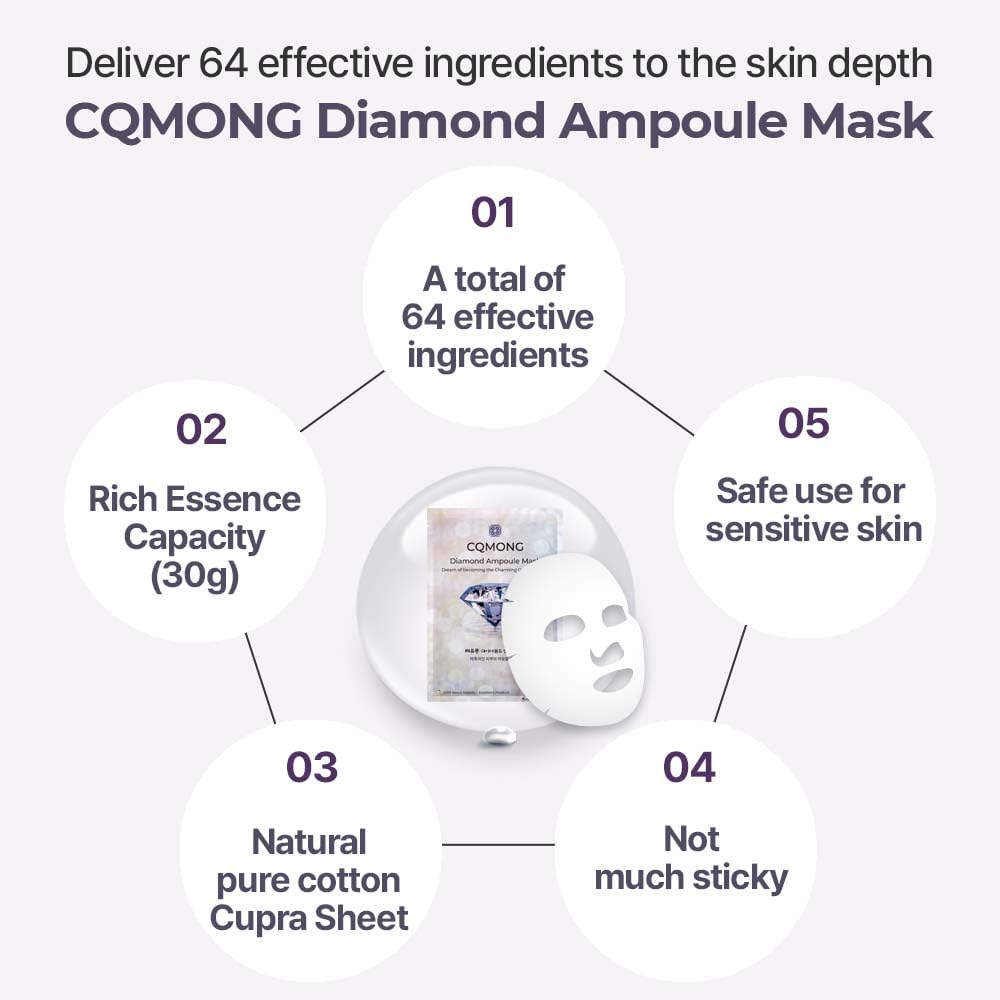 CQMONG Diamond Ampoule Sheet Mask (30g x 10pcs), Korean Face Facial Masks, Glossy & Elastic Skin, Hydrating, Soothing, Nourishing, Collagen & Hyaluronic Acid, Smooth Sheet