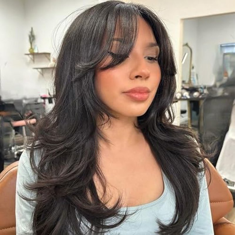 Jolelyne Layered Wavy Wigs with Curtain Bangs for Women Snythetic Butterfly Haircut Natural Black Wig with Bangs Hair Wig for Women Layered Straight Heat Resistant Wigs for Daily Party Use (2#)