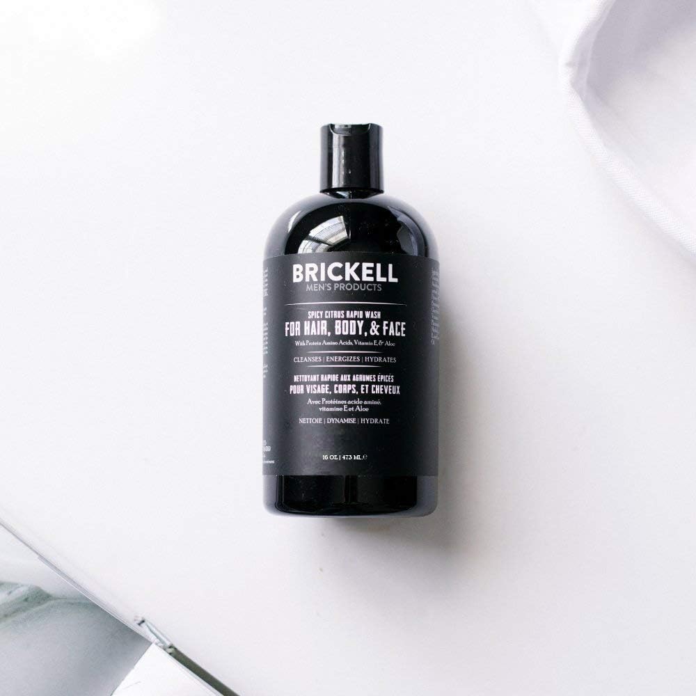 Brickell Men's Rapid Wash, 3 in 1 Body Wash Gel for Men, With Aloe, Vitamin E, and Jojoba Oil, 16 Ounce, Spicy Citrus Scent