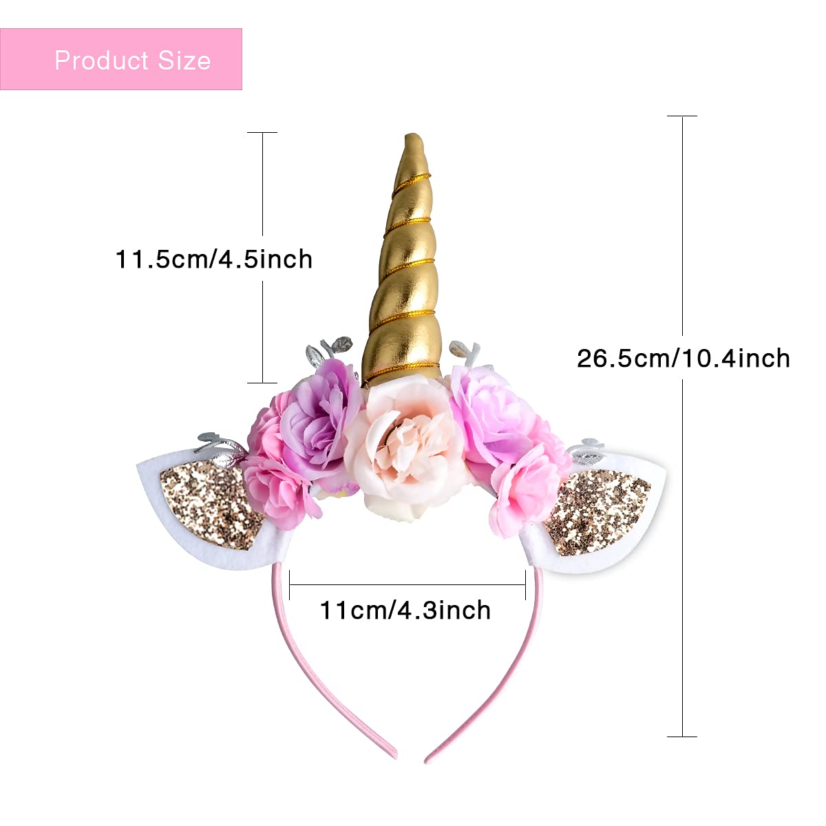 AHIER Unicorn Headband Gold Horn for Unicorn Birthday Party Decorations Supplies Flowers Cat Ear Head (Unicorn Headband)