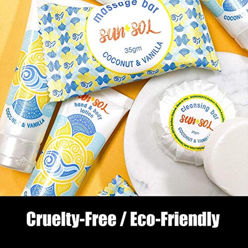 World Amenities Sun + Sol Bulk Moisturizing Massage Bar with Warm Coconut & Vanilla Fragrances, Sachet Wrapped Travel Size Toiletries, Mini Hotel Amenities, 1.23 oz, 100 Count