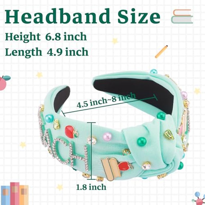 Teacher Headband for Women, Pearl Crystal Knotted Headband, Pencil Book Embellished Jeweled Top Knot Headband Teacher Hair Accessories for Back to School Teacher’s Day Appreciation Gifts (Green)