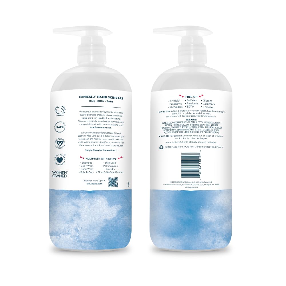 Kirk's Original Fresh 3-in-1 Nourishing Cleanser and Travel Bar Soap, Shampoo Body Wash Bubble Bath, Coconut Oil and Aloe Vera, Vegan Non-GMO, 32 Fl Oz