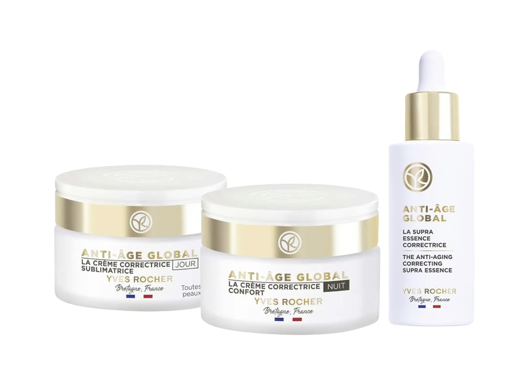 Yves Rocher Complete Anti-Age Global Day Night Care Cream & Anti-Aging Correcting Supra Essence – Set for Mature Skin – 50 ml / 1.7 fl.oz + 50 ml / 1.7 fl.oz – Botanical Skincare Trio