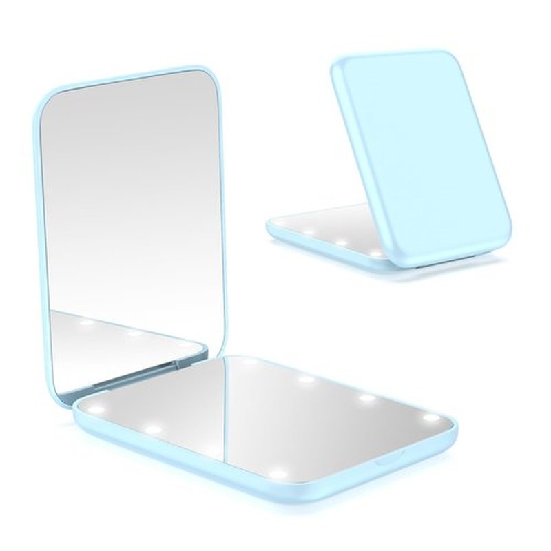 wobsion Small Mirror with Lights,LED Compact Makeup Mirror,1x/3x Mini Travel Mirror with Magnification,Portable Hand Held Mirror for Purse,Pocket,Gifts for Girls,Blue