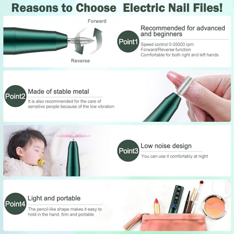 Nail Filer Electric，Cordless Electric Nail Drill Machine, with 11 Nail Drill Bits, USB Portable Efile for Acrylic Gel Nails Rechargeable Manicure Pedicure Polishing (Premium Green)