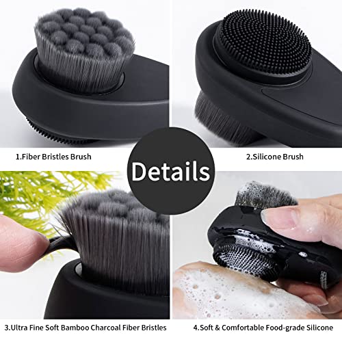 Beomeen Facial Cleansing Brush 2 Pack, 2 in 1 Silicone Face Scrubber for Men Exfoliating Pore Deep Cleansing, Dual Sided Face Wash Brush with Soft Bamboo Charcoal Microfiber and Lid for Women, Black