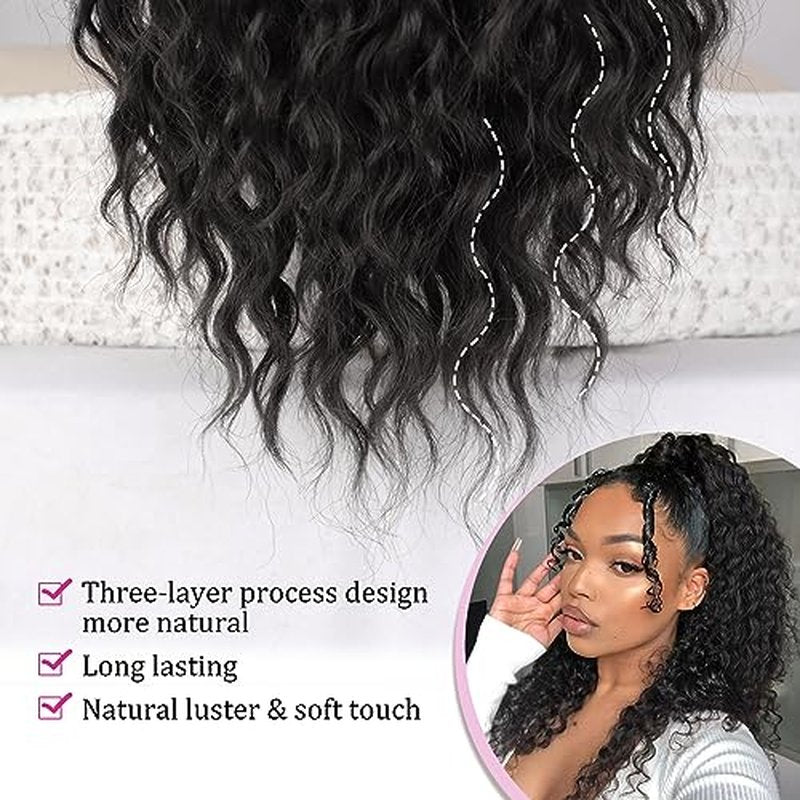 QGZ Ponytail Extension,Drawstring Ponytail for Black Women 14 Inch Synthetic Short Wavy Curly Layered Pony Tails Hair Extensions for Daily Use(Black)
