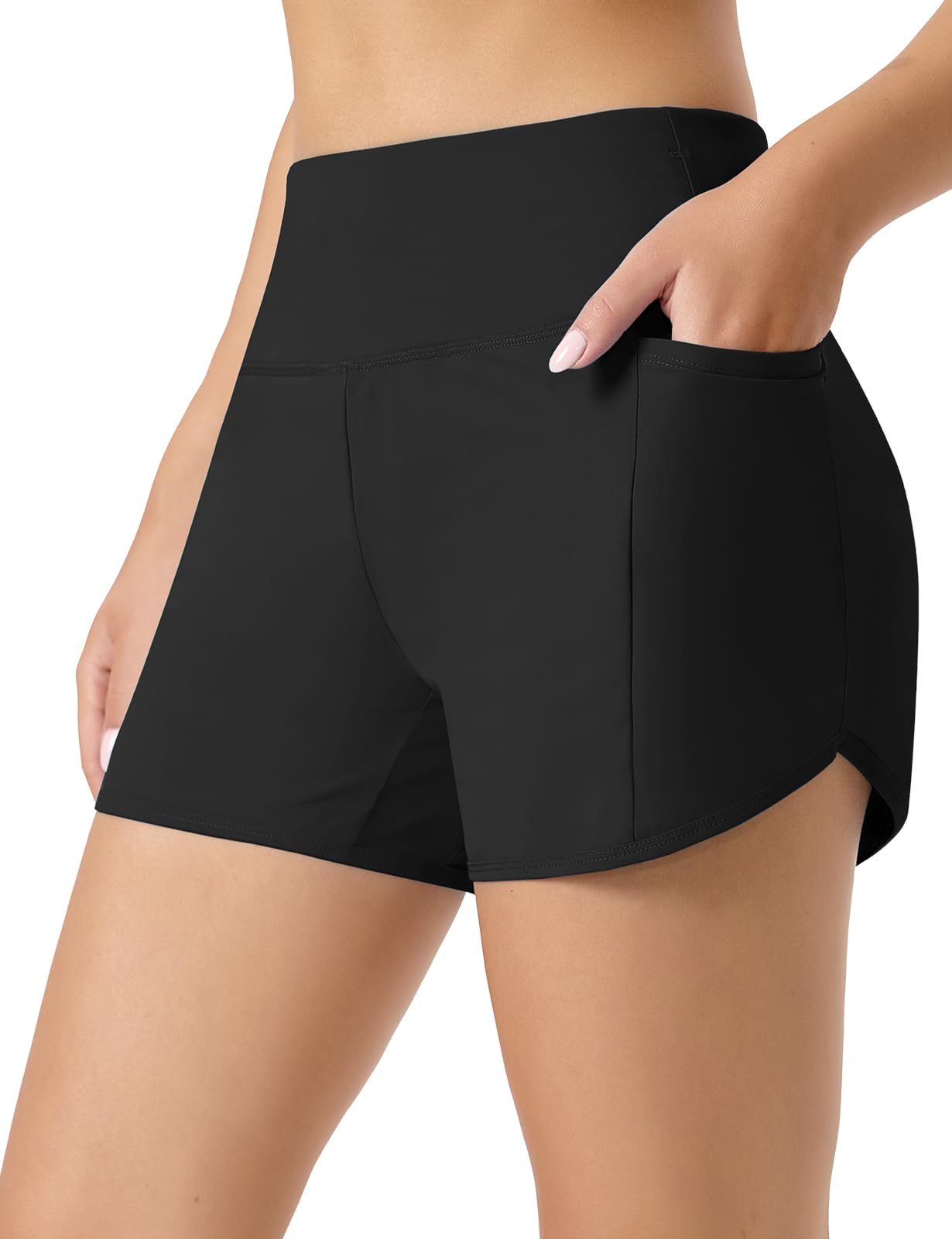 Emlovm Swim Shorts Women Swimwear Tummy Control Boy Short Swimming Board Shorts High Waisted Swimsuit Bottoms Beach Bathing Suits 2025 with Liner and Pockets Lightweight Black X-Large