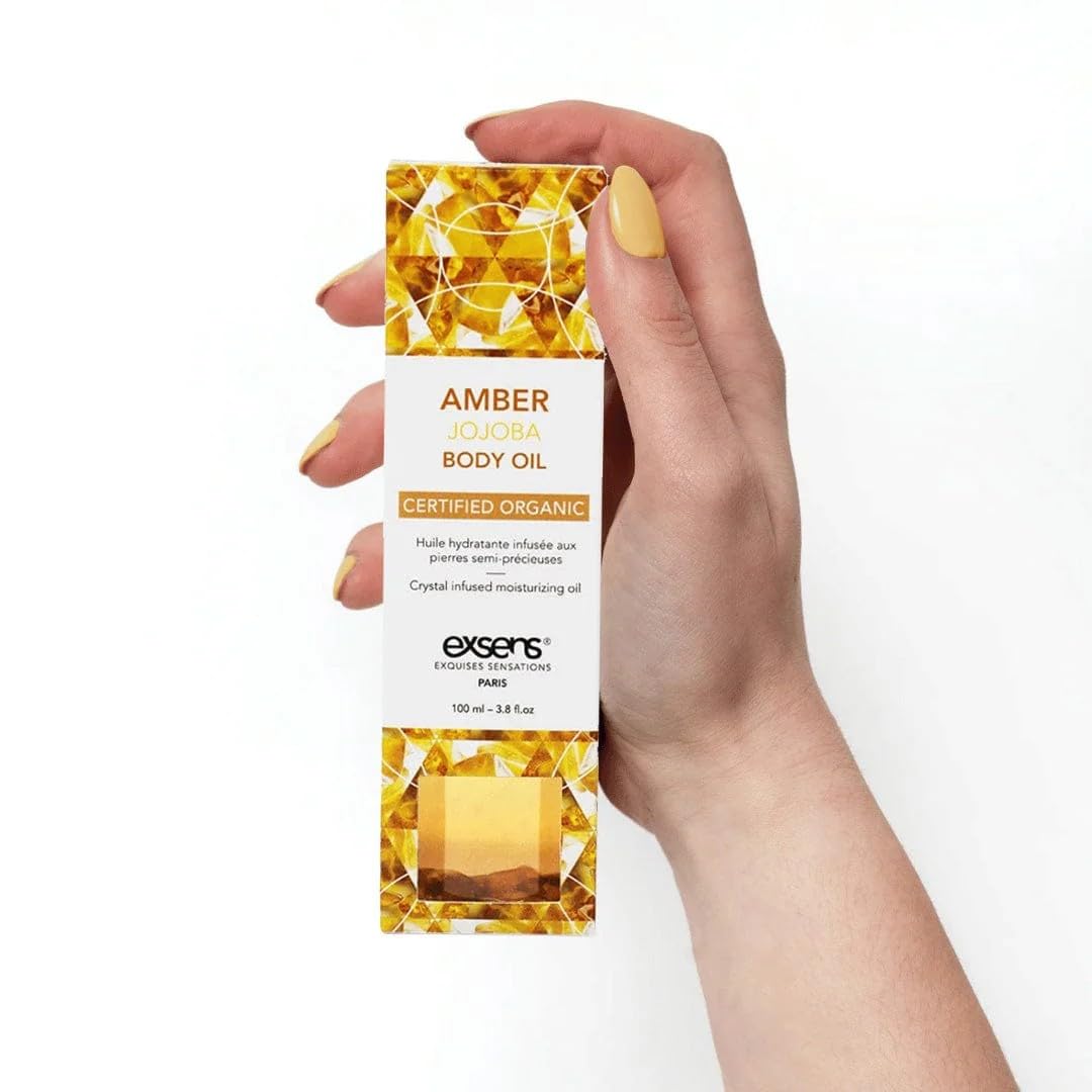 EXSENS Amber Jojoba Crystal Body Oil, Certified Organic Moisturizing Oil for Skin & Hair, Real Amber Crystals in Every Bottle, Vegan, Paraben-Free, GMO-Free, Cruelty-Free, Natural Scent, 3.8 fl oz