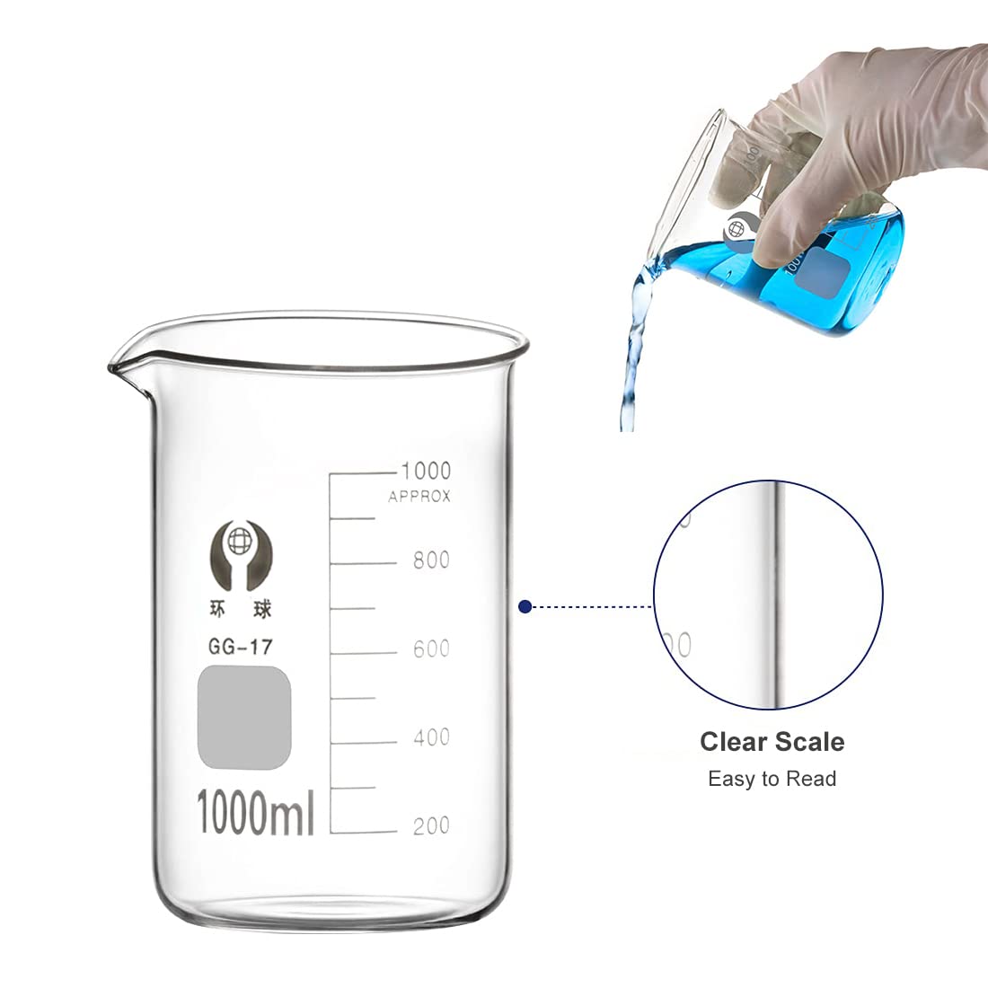 Glass Beakers Set, ZEEROQOLAB 5pcs Measuring Beaker 1000ml 500ml 250ml 100ml 50ml with 2pcs Cleaning Brush, 3pcs Droppers and 2pcs Glass Stirring Rods