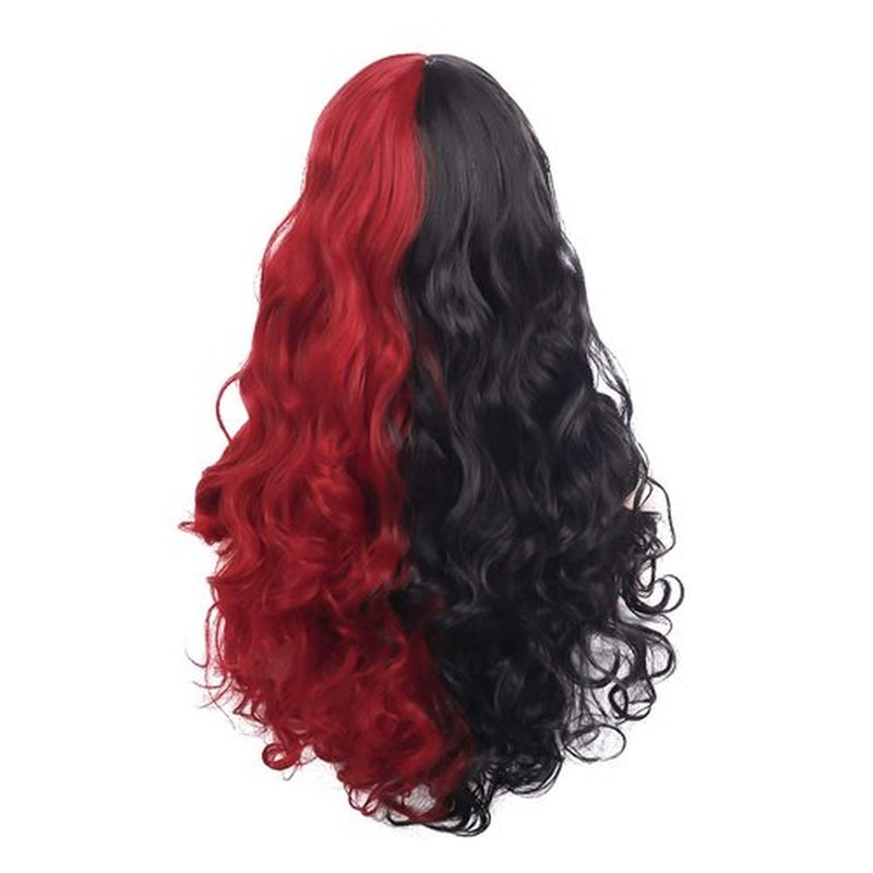 Baruisi Half Black Half Red Wig Long Curly Wavy Synthetic Heat Resistant Bangs Wig for Women