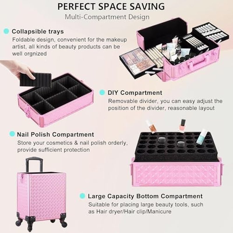 AROUS 5 in 1 Professional Makeup Train Case Aluminum Cosmetic Case Rolling Makeup Case Extra Large Trolley Makeup Travel Organizer, with 360° Swivel Wheels,Black