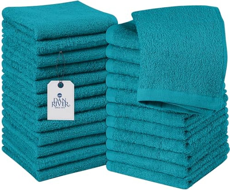DAN RIVER 100% Cotton Washcloths 24 Pack Premium Quality Face and Body Cloth, Quick Dry Essential Towels for Bathroom, Hand, Kitchen & Cleaning, Baby Washcloths | 12X12 in | 400 GSM | Teal