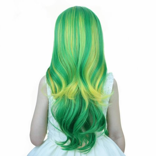 Ufindcos Green Mixed Yellow Wig for Kids Long Colorful Wig Long Wavy Curly Child Wig Green Mixed Yellow Wig for Girls Middle Part 22 inches Natural Synthetic Wig with Wig Cap