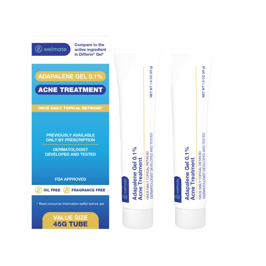 WELMATE Adapalene Gel 0.1% Acne Treatment, 2 Pack (180 Day Supply) - Topical Retinoid for Face, Helps Clear Blackheads & Pimples, Once Daily, Oil Free, Fragrance Free, 1.6 oz/Pack