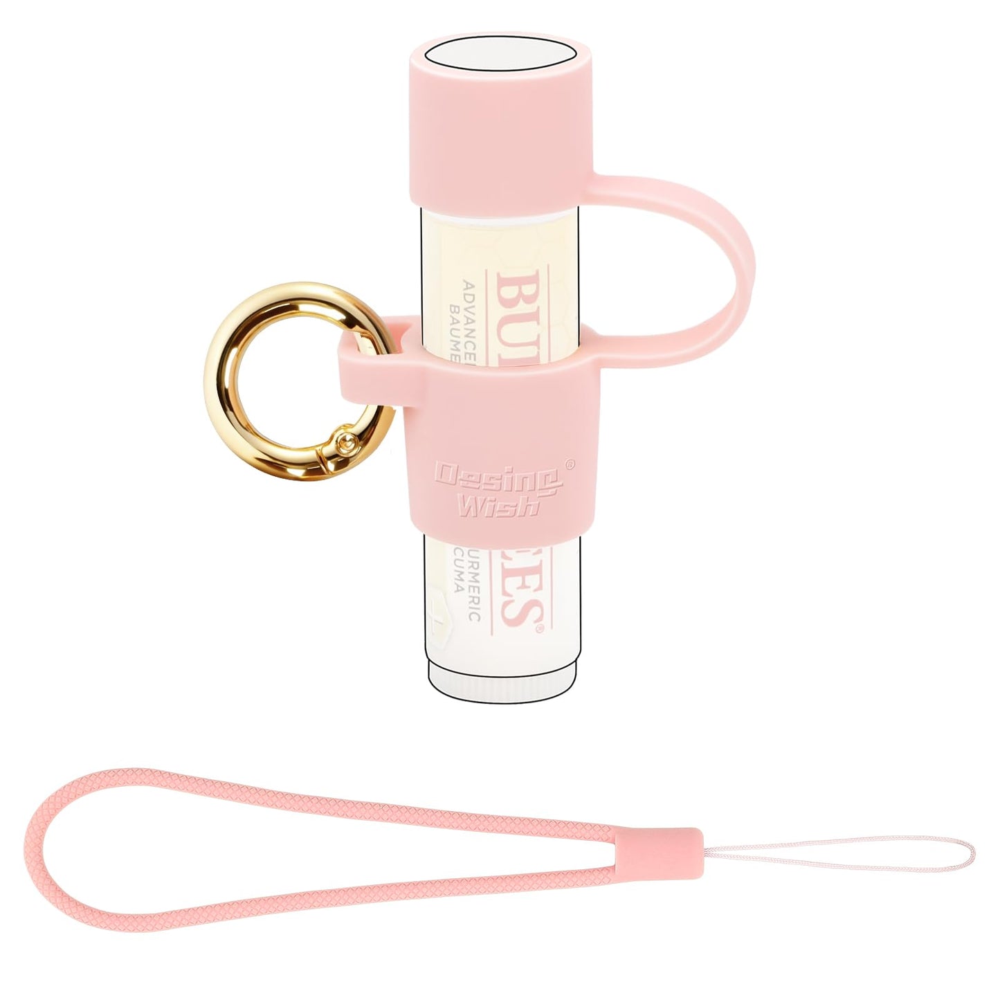 Desing Wish Silicone Chapstick Holder with Cap Cover, 0.6'' Diameter Portable Lip Balm Holder Key Chain Sleeve Chapstick Keychain Holder with Wrist Strap Lanyard - Pink