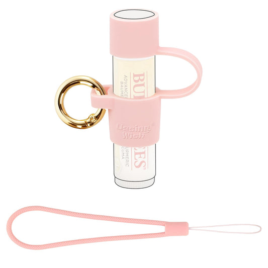 Desing Wish Silicone Chapstick Holder with Cap Cover, 0.6'' Diameter Portable Lip Balm Holder Key Chain Sleeve Chapstick Keychain Holder with Wrist Strap Lanyard - Pink