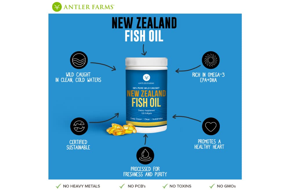 Antler Farms - 100% Pure Wild Caught New Zealand Fish Oil from Deep Ocean, Cold Water Fish, 120 Softgels - Clean, Fresh Omega-3 EPA + DHA Supplement, Keto Friendly, Super Clean