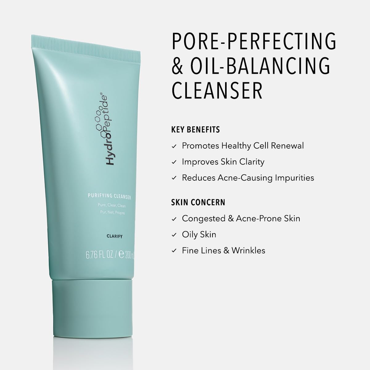 HydroPeptide Purifying Facial Cleanser, Pore-Perfecting Face Wash Absorbs & Balances Natural Oils, 6.76 Ounce