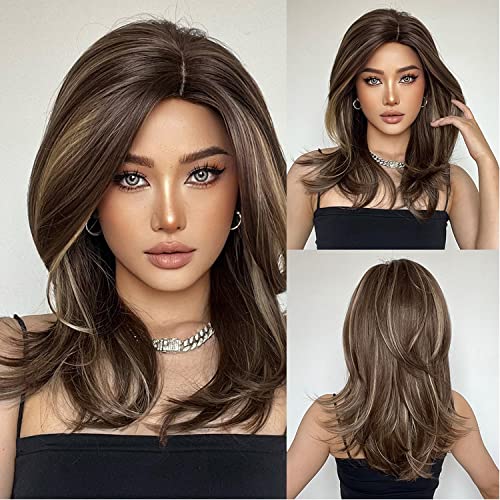 PATTNIUM Brown Blonde Wig for Women Long Wavy Brown Wigs Brown Mixed Blonde Wigs Shoulder Length Layered Wig Heat Resistant Synthetic Wig with Wig Cap(Brown Mixed Blonde)