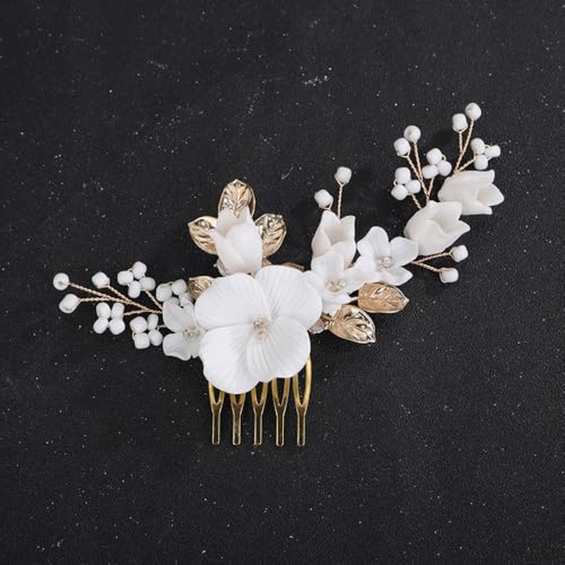 Teyglen Floral Flower Bride Wedding Hair Comb Gold Leaf Headpiece with Flower Bridal Side Comb Hair Accessories for Women Wedding Hair Piece (Gold)